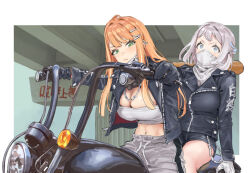 Rule 34 | 2girls, baseball bat, black gloves, black hair, black shorts, blue ribbon, blush, bousouzoku, braid, breasts, chain, chain necklace, chopper (motorcycle), cleavage, delinquent, gakuen idolmaster, gloves, grey hair, grey pants, grey tube top, hair ribbon, half up braid, hamedoragon, idolmaster, jacket, jewelry, katsuragi lilja, large breasts, leather, leather jacket, looking at viewer, midriff, mole, mole under eye, motor vehicle, motorcycle, multiple girls, navel, necklace, orange hair, pants, ribbon, ribbon braid, shiun sumika, short shorts, shorts, strapless, tube top, under bridge, white mask, workout clothes