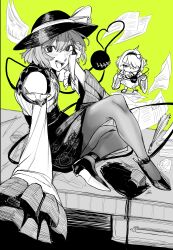 2girls absurdres axel_hi bare_shoulders black_hairband black_hat buttons diamond_button eyeball floral_print frilled_shirt_collar frilled_sleeves frills greyscale hair_ornament hairband hat hat_ribbon heart heart_hair_ornament heart_of_string high_heels highres inkwell koishi_day komeiji_koishi komeiji_satori monochrome multiple_girls pantyhose paper ribbon rose_print scattered_paper siblings sisters smile spill third_eye touhou wide_sleeves