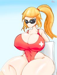 Rule 34 | 1girl, absurdres, adomo, bare shoulders, blonde hair, breasts, chair, cleavage, highres, huge breasts, lifeguard, lifeguard chair, long hair, metroid, nintendo, one-piece swimsuit, ponytail, red one-piece swimsuit, samus aran, sitting, solo, sunglasses, sweat, swimsuit, tinted eyewear, wide hips