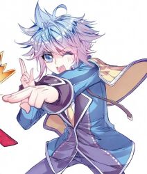 1girl blue_coat blue_eyes blue_hair coat flat_chest gradient_hair happy jacket jueshitangmen long_sleeves multicolored_hair naughty_face one_eye_closed pants pink_eyes pink_hair short_hair simple_background solo tomboy wangdong_(jueshitangmen) white_background