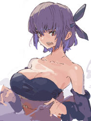 Rule 34 | angry, ayane (doa), breasts, cleavage, dead or alive, dress, hairband, highres, large breasts, ninja, obi, ooiwa (irc14786149), open mouth, purple dress, purple hair, red eyes, sash, short hair, sweat, sweatdrop, white background