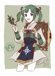 1girl backpack bag dolly_deer fire_emblem fire_emblem_fates green_hair hat herb highres japanese_clothes kaze_(fire_emblem) midori_(fire_emblem) nintendo purple_eyes short_twintails solo solo_focus twintails unworn_hat unworn_headwear