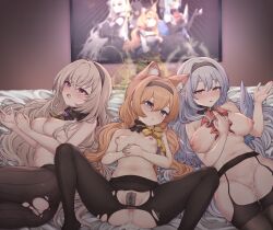 3girls absurdres after_anal after_vaginal aftersex animal_ear_fluff animal_ears black_pantyhose black_thighhighs blue_archive blue_eyes blue_hair blue_wings breasts cat_ears cum cum_in_ass cum_in_mouth cum_in_pussy cum_on_body cum_on_tongue cumdrip facial green_hair grey_hair halo highres indoors juxtaposition large_breasts lee_mae_hyang long_hair maebari mari_(blue_archive) mari_(idol)_(blue_archive) mine_(blue_archive) mine_(idol)_(blue_archive) multiple_girls navel nipples open_mouth pantyhose performance_juxtaposition purple_hair pussy sakurako_(blue_archive) sakurako_(idol)_(blue_archive) small_breasts thighhighs torn_clothes torn_pantyhose uncensored white_halo wings yellow_halo