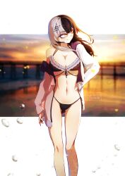 Rule 34 | 1girl, absurdres, bikini, black bikini, breasts, character request, cleavage, commentary, copyright request, cowboy shot, english commentary, eranahh, floating hair, frilled bikini, frills, gluteal fold, highres, large breasts, looking to the side, multicolored hair, narrow waist, navel, solo, swimsuit, thigh gap, twitter username, two-tone hair, upper body, water drop, yellow eyes