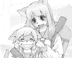 2girls animal_hands backpack bag body_fur cat_girl cheek_pull crying fangs furry furry_male greyscale grin kikurage_(crayon_arts) long_hair monochrome multiple_girls original outdoors school_uniform serafuku smile tail upper_body v