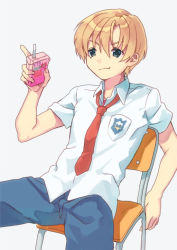 Rule 34 | 1boy, blonde hair, blue eyes, blue pants, chair, clannad, commentary request, cowboy shot, dress shirt, drinking straw, hikarizaka private high school uniform, juice box, male focus, mitsuyo (mituyo324), necktie, pants, pointing, red necktie, school uniform, shirt, short hair, sitting, solo, sunohara youhei, white shirt