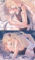 2girls absurdres black_necktie blonde_hair blush breasts brown_necktie clothed_sex collared_dress commentary_request dress duel_monster emptyayya gloves grey_hair hair_spread_out highres implied_fingering implied_sex long_hair long_sleeves multiple_girls necktie red_eyes sky_striker_ace_-_raye sky_striker_ace_-_roze sweat twintails two-tone_dress very_long_hair yu-gi-oh! yuri