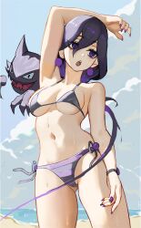 1girl absurdres alternate_costume armpits beach bikini black_bikini black_hair blue_sky breasts cloud commentary earrings english_commentary fingernails gen_1_pokemon gluteal_fold haunter hex_maniac_(pokemon) hex_maniac_(pokemon_legends:_z-a) highres jewelry long_hair looking_at_viewer medium_breasts navel nintendo ocean open_mouth pokemon pokemon_(creature) pokemon_legends:_z-a purple_eyes purple_nails sand sky stomach subu_art sweat swimsuit water