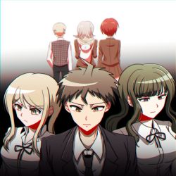 2boys 4girls absurdres animal_bag ass backpack bag black_background black_jacket black_pants black_ribbon blonde_hair breasts brown_hair brown_jacket brown_skirt cat_bag collared_shirt danganronpa_(series) danganronpa_3_(anime) facing_away flipped_hair from_behind gradient_background grey_background grey_shirt highres hinata_hajime hood hood_down jacket koizumi_mahiru kuzuryu_fuyuhiko kuzuryu_natsumi large_breasts long_hair long_sleeves medium_breasts multiple_boys multiple_girls nanami_chiaki neck_ribbon official_alternate_costume pants plaid_clothes plaid_vest pleated_skirt ribbon satou_(danganronpa) shirt short_hair skirt standing tansug_(tansuk88) upper_body vest