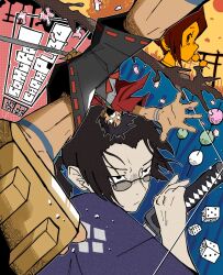 1girl 2boys black_eyes black_hair brown_eyes brown_hair copyright_name dice falling ficorkgk food fuu_(samurai_champloo) glasses highres jinnosuke katana mugen_(samurai_champloo) multiple_boys pale_skin samurai_champloo sandals shorts signature sword tattoo weapon