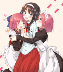 Rule 34 | 3girls, :d, apron, black hair, blue bow, bow, closed eyes, green eyes, hair bow, hairband, heart, hisui (tsukihime), holding hands, hug, juliet sleeves, kohaku (tsukihime), long hair, long sleeves, maid, maid headdress, multiple girls, open mouth, pink hair, puffy sleeves, red skirt, shirt, short hair, simple background, skirt, smile, standing, sweatdrop, tanka kikurage, tohno akiha, tsukihime, white apron, white background, white hairband, white shirt