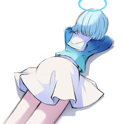 1girl alan_joel_gomez arona_(blue_archive) ass back blue_archive blue_hair blue_halo from_behind halo highres legs lying on_stomach self-upload shirt short_hair simple_background skirt solo white_background white_skirt