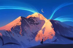 Rule 34 | 1other, ambiguous gender, artist name, bird, crescent moon, huhv., moon, mountain, night, night sky, original, outdoors, scenery, sky, solo, standing, star (sky), starry sky