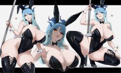 1girl animal_ear_hairband animal_ears bare_shoulders black_leotard blue_hair bow bowtie breasts cleavage detached_collar fake_animal_ears hairband highres horns leotard long_hair omiza_somi original playboy_bunny pole qua_(omiza_somi) rabbit_ear_hairband rabbit_ears rabbit_tail red_eyes smile strapless strapless_leotard stripper_pole tail wrist_cuffs