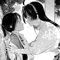 Rule 34 | 1boy, 1girl, ahoge, black hair, blush, eye contact, hairband, heavy breathing, hetero, highres, houjou tokiyuki (nige jouzu no wakagimi), imminent kiss, japanese clothes, long hair, long sleeves, looking at another, mochizuki ayako, monochrome, nige jouzu no wakagimi, parted lips, pinned, ponytail, rg55h, screentones, sidelocks, sleeves rolled up, standing, sweatdrop, tree shade
