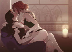 2girls artist_name ass bare_shoulders black_bow black_bra black_choker black_hair black_panties blush bow bra breasts choker cleavage closed_eyes collarbone commission crossed_legs feet freckles from_side hair_bun hand_on_another&#039;s_hip highres indoors kiss legs long_hair mardamo medium_breasts medium_hair multiple_girls orange_hair panties sidelocks single_hair_bun sitting the_witcher_(series) the_witcher_3 triss_merigold underwear yennefer yuri