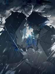 1boy 1girl absurdres arknights black_hair blue_hair collared_shirt dongsheng highres irene_(arknights) long_hair lumen_(arknights) multicolored_hair rain shirt white_hair white_shirt