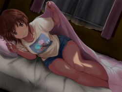 amagami bed brown_eyes brown_hair presenting sakurai_rihoko shorts