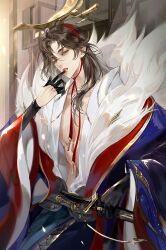 1boy abs against_wall asymmetrical_gloves belt black_belt black_gloves blue_hanfu brown_eyes brown_hair character_request chinese_clothes cowboy_shot crown expressionless eyelashes finger_in_own_mouth fur-trimmed_hanfu fur_trim gloves gold_crown hair_over_shoulder hair_ribbon hairband half_gloves hanfu indoors lattice light_particles long_hair long_sleeves male_focus mismatched_gloves neck_ribbon open_mouth parted_bangs pectoral_cleavage pectorals petals red_hairband red_ribbon ribbon single_half_glove solo standing teeth thick_eyebrows toned toned_male upper_teeth_only wang_chuan_feng_hua_lu wide_sleeves ye_dian_pikaqiu