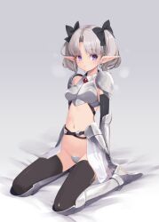 :o armor bikini_armor black_ribbon black_thighhighs breastplate commentary_request crotch_plate detached_sleeves earrings elf faulds gem greaves grey_hair jewelry kirishima_satoshi navel on_bed original pauldrons pointy_ears purple_eyes red_gemstone ribbon sabaton shoulder_armor silver_earrings sitting thighhighs twintails vambraces wariza