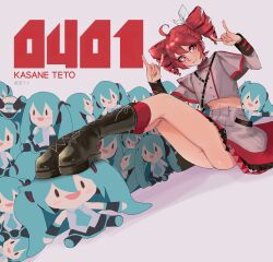 1girl \m/ absurdres ahoge belt black_belt black_boots black_sleeve_cuffs blush boots bow buttons character_doll character_name closed_mouth double-breasted double_\m/ drill_hair grey_jacket grey_skirt hair_between_eyes hair_bow hair_ribbon hands_up hatsune_miku highres jacket kasane_teto kasane_teto_(sv) kneehighs lace-up_boots layered_skirt layered_sleeves lips long_sleeves midriff platform_boots red_belt red_eyes red_hair red_skirt red_socks red_trim ribbon shoulder_belt shoulder_boards skirt smile socks stuffed_toy synthesizer_v thesuyo twin_drills utau vocaloid white_bow white_ribbon