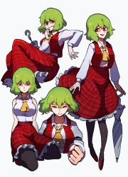 1girl ascot breasts clenched_hand closed_eyes collared_shirt cropped_torso false_smile frilled_skirt frills frown full_body green_hair hair_between_eyes high_heels highres iganashi1 kazami_yuuka large_breasts long_sleeves multiple_views open_clothes open_vest pantyhose parasol red_eyes red_shoes red_skirt red_vest seiza shirt shoes short_hair sitting skirt sleeveless smile standing touhou umbrella vest yellow_ascot