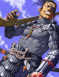 1boy anachronism antique_firearm aqua_eyes armor beard cloud earrings eyepatch facial_hair fingerless_gloves firearm firelock gloves goatee grin gun jeet jewelry katana male_focus matchlock musket original rifle samurai scope segayuusuke smile sword topknot turtleneck weapon