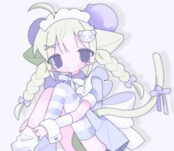 1girl ahoge animal_ears asymmetrical_legwear bad_id bad_twitter_id between_legs blue_dress blue_eyes blush_stickers braid bun_cover cat_tail collared_dress double_bun dress fpwrs green_hair hair_bun hair_ornament hands_on_own_leg highres knees_up leg_warmers long_hair maid_headdress neck_ribbon original panda_hair_ornament puffy_short_sleeves puffy_sleeves purple_ribbon ribbon short_sleeves sitting solo striped_clothes striped_thighhighs tail tail_between_legs tail_ornament tail_ribbon thighhighs twin_braids white_ribbon wrist_cuffs x_hair_ornament