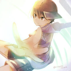 Rule 34 | 1boy, bandana, bandana around neck, baseball bat, black eyes, black hair, black shorts, bright pupils, casting spell, closed mouth, foreshortening, holding, holding baseball bat, male focus, mother (series), mother 1, ninten, nintendo, reaching, reaching towards viewer, reina (tyty123), shirt, short hair, shorts, sideways hat, solo, striped clothes, striped shirt, twitter username, white background, white pupils