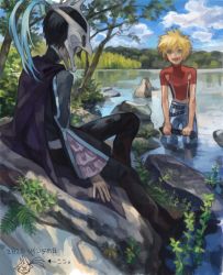 2boys :d bad_drawr_id bad_id black_hair blonde_hair blue_eyes cape day drawr from_behind hidden_face judas_(tales) kyle_dunamis looking_at_another male_focus mask multiple_boys nature nishihara_isao oekaki open_mouth outdoors partially_undressed red_shirt shirt short_hair sitting sky slice_of_life smile tales_of_(series) tales_of_destiny tales_of_destiny_2 translation_request wading water