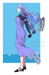 Rule 34 | 1girl, arms behind back, blue shoes, braid, breasts, dress, fate/stay night, fate (series), floating hair, from side, full body, highres, holding, holding staff, juliet sleeves, kitada, long hair, long sleeves, medea (caster) (fate), medea (fate), medium breasts, pointy ears, puffy sleeves, purple dress, purple hair, shoes, side braid, smile, solo, staff, standing, watermark