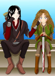 1boy 1girl arrow_(projectile) belt black_eyes black_hair black_tunic blood blood_on_clothes blood_on_hands bloody_weapon boots brown_hair caranthir cinemairon collar elf eyebrows eyebrows_hidden_by_hair eyelashes fingerless_gloves freckles full_body fur_trim gloves green_tunic grey_eyes haleth hand_on_another&#039;s_cheek hand_on_another&#039;s_face hetero highres holding holding_sword holding_weapon long_hair looking_at_another looking_at_viewer pale_skin pinching pointy_ears prince quiver sitting sword the_silmarillion tolkien&#039;s_legendarium tunic wavy_hair weapon
