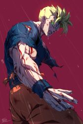 Rule 34 | 1boy, 5002 bus, absurdres, blonde hair, blood, blood from mouth, blood in hair, blood on arm, blood on clothes, blood on face, blood on hands, blue shirt, bruise, bruise on arm, bruise on face, clenched teeth, commentary, dirty, dirty face, dougi, dragon ball, dragonball z, english commentary, from below, glowing, glowing eyes, green eyes, highres, injury, looking back, looking to the side, male focus, missing limb, muscular, muscular male, orange pants, pants, rain, red background, scratches, shirt, short hair, signature, solo, son gohan, son gohan (future), super saiyan, super saiyan 1, teeth, torn clothes, torn shirt, wet, wet clothes, wet hair