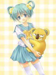 1girl 2000s_(style) :d animal aqua_sailor_collar aqua_skirt blue_eyes bow bowtie checkered_background commentary_request green_hair hair_bobbles hair_ornament hair_rings holding holding_animal koala looking_at_viewer min-mu open_mouth sailor_collar shirt short_hair short_sleeves skirt smile solo standing tatebayashi_miharu thighhighs tokimeki_memorial tokimeki_memorial_1 white_shirt white_thighhighs yellow_bow yellow_bowtie zettai_ryouiki