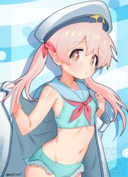 1girl absurdres artist_name bikini blue_bikini blue_sailor_collar breasts brown_eyes closed_mouth coat commentary_request frilled_bikini frills hat highres long_hair long_sleeves looking_at_viewer melciort navel neckerchief onii-chan_wa_oshimai! oyama_mahiro pink_hair red_neckerchief sailor_bikini sailor_collar small_breasts solo swimsuit twintails watermark white_coat white_hat