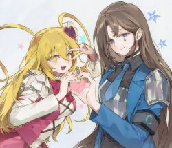 Rule 34 | 2girls, blue eyes, blue jacket, breasts, brown hair, closed mouth, don quixote (project moon), fang, frills, hair between eyes, half-closed eyes, heart, heart hands, heart hands duo, highres, jacket, limbus company, long hair, looking at viewer, multiple girls, naku (naku999ziye), open mouth, project moon, rodion (project moon), smile, sparkling eyes, teardrop facial mark, upper body, v, yellow eyes