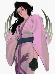 Rule 34 | 1boy, absurdres, androgynous, black coat, black eyes, black gloves, bright pupils, chonmage, closed mouth, coat, commentary, cowboy shot, eyelashes, gloves, highres, izou (one piece), japanese clothes, kimono, kouzuki crest (one piece), lipstick, long hair, makeup, male focus, one piece, pectoral cleavage, pectorals, pink kimono, red lips, scar, scar across eye, scar on face, signature, solo, symbol-only commentary, topknot, vamos mk, white pupils, wide sleeves