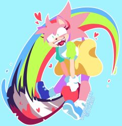 1girl album_cover_redraw blue_background blue_shoes chainsaw colorful commentary crazy derivative_work english_commentary full_body furry furry_female hedgehog_girl highres holding holding_chainsaw lalnerd lesbian_ponies_with_weapons no_lineart parody pink_fur rainbow rosy_the_rascal shirt shoes skirt sneakers solo sonic_(series) sonic_the_hedgehog_(archie_comics) variant_set vylet_pony yellow_skirt