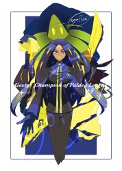 1girl absurdres avalugg black_hair black_pants blue_background blue_eyes blue_gloves blue_shirt border cccacademia character_name commentary_request creatures_(company) espathra game_freak geeta_(pokemon) gen_6_pokemon glimmora gloves gogoat grin highres jacket kingambit long_hair long_sleeves looking_at_viewer neck_ribbon nintendo pants pokemon pokemon_(creature) pokemon_sv ribbon shirt signature smile sparkle teeth veluza white_border yellow_ribbon