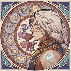 1boy art_nouveau blue_background blue_eyes blue_vest border braid braided_ponytail closed_mouth flower from_side fujin_(mortal_kombat) glowing glowing_eyes glowing_tattoo grey_hair logo long_hair looking_ahead male_focus mortal_kombat_(series) mortal_kombat_11 ornate_border portrait profile purple_flower red_flower shoulder_tattoo single_braid sleeveless sleeveless_jacket smile solo star_(symbol) tattoo upper_body vest wenny02 white_border white_hair
