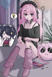 2girls ? ame-chan_(needy_girl_overdose) animal_ears bandage_on_leg black_eyes black_hair black_nails black_shirt blush bow bowtie cat-shaped_pillow cat_ears cat_hair_ornament cat_tail double-parted_bangs food food_in_mouth furry hair_between_eyes hair_ornament hair_over_one_eye hair_ribbon hairclip hand_on_own_chin hand_on_own_knee heart heart_sticker highres holding holding_phone knees_up leg_warmers light_bulb looking_at_viewer multiple_girls neck_ribbon needy_girl_overdose no_pants off_shoulder on_bed open_mouth p-chan_(needy_girl_overdose) phone pink_hair pink_socks plant pocky pocky_in_mouth potted_plant ribbon shirt short_twintails sitting skirt socks sparkle spoken_expression spoken_light_bulb suspender_skirt suspenders tail twintails white_eyes x_hair_ornament yuriyalloween