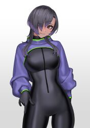Rule 34 | 1girl, absurdres, black bodysuit, bodysuit, cropped jacket, grey background, hair over one eye, head tilt, highres, jacket, kilye kairi, looking at viewer, original, purple hair, purple jacket, simple background, skin tight, solo, standing