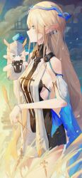 1girl absurdres bare_shoulders black_collar black_dress blonde_hair breasts cartethyia_(wuthering_waves) chromatic_aberration closed_mouth collar commentary cowboy_shot crown_of_thorns dress earrings from_side hand_puppet hashtag-only_commentary highres jewelry kuuro_(kuuroart) long_hair looking_afar looking_ahead medium_breasts necklace pointy_ears puppet sidelocks smile solo tabard very_long_hair white_tabard wuthering_waves
