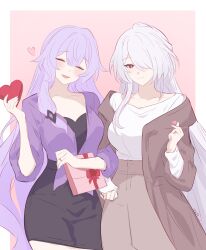 Rule 34 | 2girls, absurdres, acheron (honkai: star rail), alternate costume, black skirt, black swan (honkai: star rail), blush, border, box, breasts, bright pupils, brown jacket, brown skirt, closed eyes, closed mouth, collarbone, commentary, english commentary, finger heart, flat color, gift, gift box, hair over one eye, heart, highres, holding, holding gift, honkai: star rail, honkai (series), jacket, large breasts, long hair, looking at viewer, multiple girls, open mouth, pink background, purple shirt, red eyes, samlatte, shirt, signature, skirt, smile, very long hair, white border, white hair, white pupils, white shirt, yuri