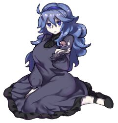 1girl aaaa_(aaaa480) bags_under_eyes black_shoes blue_eyes blue_hair breasts colored_skin commentary_request cookie_(touhou) cosplay cowlick dress fingernails frilled_dress frills frown full_body grey_dress hair_between_eyes hairband hex_maniac_(pokemon) hex_maniac_(pokemon)_(cosplay) kofji_(cookie) large_breasts long_bangs long_dress long_hair looking_at_viewer mary_janes messy_hair middle_finger nintendo open_mouth poke_ball pokemon pokemon_oras purple_hairband shoes simple_background sitting solo transparent_background wariza white_skin