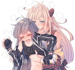 2girls blonde_hair blush breasts closed_eyes clothed_sex collared_dress dress duel_monster emptyayya gloves grey_hair head_steam highres long_hair long_sleeves multiple_girls simple_background sky_striker_ace_-_raye sky_striker_ace_-_roze sweat twintails two-tone_dress white_background yu-gi-oh! yuri