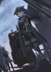 2girls absurdres animal_ears arknights ballistic_shield black_choker black_shirt black_shorts black_tail breasts brown_hair cat_ears cat_girl cat_tail choker commentary_request day ears_down fox_ears fox_girl fox_tail franka_(arknights) from_behind full_body green_eyes highres implied_extra_ears jessica_(arknights) jessica_the_liberated_(arknights) long_hair long_sleeves mikeneko90 multiple_girls outdoors parted_lips shield shirt shorts single_leg_pantyhose single_thighhigh standing tail thighhighs