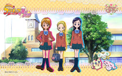 2005 3girls anime_screenshot bag blonde_hair blue_ribbon blue_skirt blue_socks boots bow brown_eyes bush english_text futari_wa_precure futari_wa_precure_max_heart highres jacket japanese_text kujou_hikari logo long_sleeves mascot mepple mipple misumi_nagisa multiple_girls official_art orange_hair pollun pollun_(futari_wa_precure) precure red_jacket red_shirt ribbon school school_bag school_uniform shirt short_hair skirt sky smile socks tagme toei_animation tree yukishiro_honoka