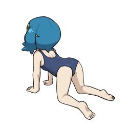 1girl all_fours bare_legs barefoot blue_hair commentary feet full_body hairband lana_(pokemon) medium_hair nintendo one-piece_swimsuit pokemon pokemon_sm shoulder_blades simple_background solo sorrowitch swimsuit toes white_background yellow_hairband
