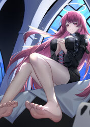 1girl absurdres arknights bare_legs barefoot black_jacket black_shorts chinese_commentary closed_mouth commentary_request dai_mao_xuan_yi detached_wings feet full_body halo highres interlocked_fingers jacket lemuen_(arknights) long_hair long_sleeves looking_at_viewer own_hands_clasped own_hands_together pink_eyes pink_hair praying shorts sitting smile soles solo split_mouth toes traditional_halo very_long_hair white_halo wings